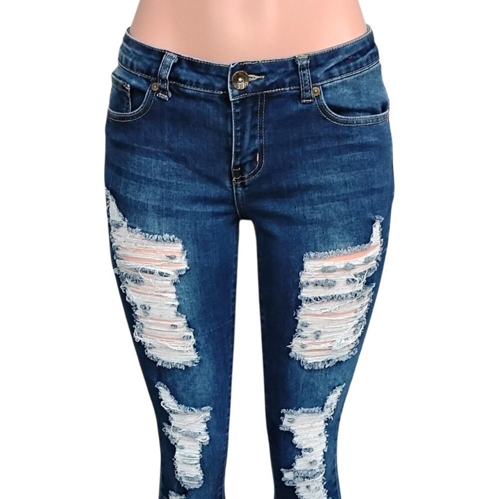 GOGO Jeans Co. Skinny Distressed Jeans Size 7 Junior Dark Blue 5 Pockets - Picture 2 of 12